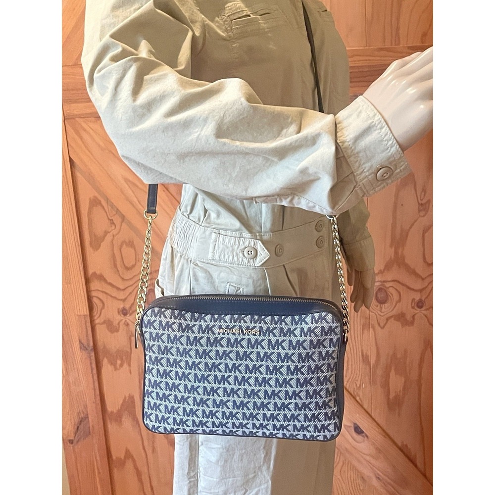 Michael Kors Jet Set East West Crossbody Navy MK Monogram Gold Chain Bag